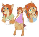  2015 ailuranthropy anthro beverage blue_eyes breasts canine cleavage clothed clothing coffee coyote cup dress feathers female food kohi_(waruikoohii) looking_at_viewer mammal multiple_poses pose seductive smile solo standing tongue tongue_out 