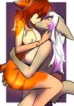  anthro areola breasts canine duo ear_piercing eyes_closed feline female female/female hi_res kissing mammal naomy nipples nude piercing simple_background standing 