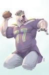  2016 5_fingers ball baseball_cap bear black_nose brown_eyes claws clothed clothing football_(ball) fur hat hi_res jersey male mammal muscular open_mouth pawpads polar_bear rrowdybeast solo teeth tongue white_fur 