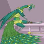  anthro avian beak bird bulge clothed clothing feathers green_eyes green_feathers lonelyworld male peafowl sitting solo talons 
