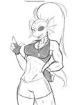  2016 anthro clothed clothing doomthewolf english_text eye_patch eyewear female fin fish gills hair hi_res long_hair looking_at_viewer marine monochrome monster ponytail scales sharp_teeth shirt simple_background sketch smile solo sweat tank_top teeth text undertale undyne video_games white_background 