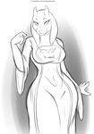  2016 anthro boss_monster breasts caprine clothed clothing doomthewolf english_text female fur goat greyscale half-closed_eyes hi_res horn looking_at_viewer mammal monochrome monster robe simple_background sketch smile solo text toriel undertale video_games white_background white_fur wide_hips 
