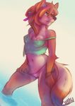  2015 anthro arcticorange blue_eyes bracelet breasts canine clothed clothing coyote female hi_res jewelry kohi_(waruikoohii) mammal nipple_slip nipples off_shoulder panties partially_submerged pinup pose skimpy solo standing teasing underwear water 