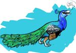  abstract_background avian bird blue_feathers brown_feathers dinosaur english_text feathers feral green_feathers hybrid peafowl raptor saeto15 solo speech_bubble talons text 