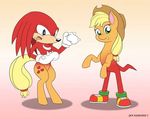  anthro applejack_(mlp) better_version_at_source blonde_hair body_swap digital_media_(artwork) duo earth_pony echidna equine female feral freckles friendship_is_magic fur gradient_background green_eyes hair hat hedgehog horse jen_foxworth knuckles_the_echidna low_res male mammal monotreme my_little_pony pony simple_background sonic_(series) swapped watermark 