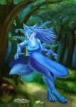  anthro breasts canine cleavage clothed clothing colored digital_media_(artwork) dress female fern fingerless_gloves forest frost full-length_portrait gloves hi_res kekpafrany_(character) koworauth mammal pinup portrait pose solo tree upskirt wind wolf 