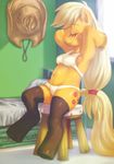  2016 anthro applejack_(mlp) bed blonde_hair bra clothing cutie_mark earth_pony equine eyes_closed female freckles friendship_is_magic hair hat hoihoi horse inside legwear long_hair mammal my_little_pony navel panties pillow pony sitting solo stool thigh_highs underwear 