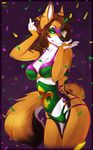  anthro bra breasts canine clothing confetti corset female fox hi_res looking_at_viewer mammal mardi_gras smile solo underwear vexstacy white_sclera 