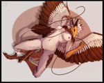  2016 anthro avian breasts dragon egyptian_vulture eva_(ozawk) feathers female horn hybrid lethal_doors looking_at_viewer lying navel nipples nude on_back smile solo talons whiskers wings 