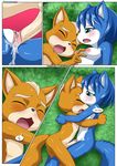  after_sex anthro bbmbbf blue_eyes blue_fur blue_hair blush breasts brown_fur canine clitoris comic couple cuddling cum cum_in_pussy cum_inside cum_on_body cum_on_pussy digital_media_(artwork) duo erection exhausted eyes_closed female fox fox_mccloud fur fur34 hair half-closed_eyes hand_on_chest hi_res humanoid_penis krystal love lying male male/female mammal nintendo nipples nude on_side open_mouth palcomix panting penis pussy short_hair star_fox tan_fur text video_games white_fur 