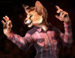  2015 abstract_background amber_eyes ambiguous_gender anthro clothing fangs feline looking_away mammal pawpads raised_hands realistic rhyu serval shirt solo whiskers 
