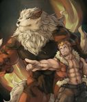  abs anthro arcanine biceps big_muscles black_fur black_nose blue_eyes brown_fur cinna-tree clothing duo fire fur hair human jacket male mammal muscular nintendo open_jacket pants partners pecs pok&eacute;mon standing teeth together video_games white_fur 