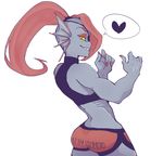  &lt;3 1234tomoyo 2016 blue_skin butt clothed clothing colored_nails eye_patch eyewear fangs female fish gills hair long_hair looking_at_viewer marine muscular muscular_female ponytail red_hair simple_background solo undertale undyne video_games yellow_eyes 