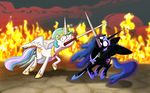  16:10 2016 absurd_res blue_hair crown cutie_mark duo equine female feral fight fire friendship_is_magic hair helmet hi_res horn jewelry long_hair mammal melee_weapon mouth_hold multicolored_hair my_little_pony necklace nightmare_moon_(mlp) piemations princess_celestia_(mlp) spread_wings sword weapon winged_unicorn wings 