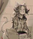 2016 anthro bottomless canine cardboard_box clothed clothing feline female hair long_hair looking_at_viewer mammal monochrome monster shirt sketch solo sweat tem temmie_(undertale) undertale video_games ydh2101 