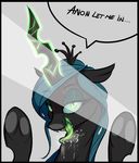  2016 asadama bedroom_eyes changeling dialogue english_text eyeshadow fangs female feral friendship_is_magic green_eyes green_tongue hair half-closed_eyes hi_res horn licking looking_at_viewer makeup my_little_pony on_glass queen_chrysalis_(mlp) saliva seductive simple_background solo text tongue tongue_out underhoof 