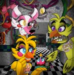  2015 animatronic avian bird chica_(fnaf) chicken cupcake_(fnaf) female five_nights_at_freddy&#039;s five_nights_at_freddy&#039;s_2 glowing glowing_eyes group machine mammal mangle_(fnaf) midnightsketches_(artist) robot toy_chica_(fnaf) video_games 