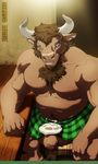  5_fingers anhes anthro balls barefoot beard blue_eyes body_hair bovine brown_hair brown_skin cattle chest_hair clothed clothing facial_hair hair happy_trail hi_res horn humanoid_penis kilt male mammal minotaur musclegut nipples notched_ear penis rockblackhorn solo thick_penis topless uncut 