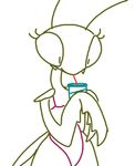  arthropod beverage clothing elinda female food insect low_res mantis monochrome monstro_village simple_background solo swimsuit the_weaver white_background 