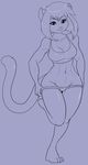  abs anthro cat clothed clothing feline female fur hair hi_res looking_at_viewer mammal monochrome sesame_akane shirt simple_background skidd solo tank_top thick_thighs uberquest undressing wide_hips 