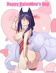  &lt;3 ahri animal_humanoid areola big_breasts big_butt black_hair breasts butt canine clothing facial_markings female fox fox_humanoid hair hi_res holidays hsuan humanoid league_of_legends legwear looking_back mammal markings multi_tail nipples rear_view slit_pupils solo stockings text valentine&#039;s_day video_games yellow_eyes 