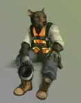  anthro boots clothed clothing construction_worker deovacuus digital_media_(artwork) female footwear gloves hard_hat helmet industrial mammal marsupial oouna portrait simple_background sitting solo tasmanian_devil vest worker 