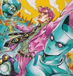  belt blue_body clothed clothing cloud detailed_background duo feline fully_clothed gloves hair hi_res hirohiko_araki human humanoid jojo&#039;s_bizarre_adventure killer_queen male mammal necktie official_art outside pink_eyes pink_hair sheer_heart_attack skull slit_pupils stand_(jjba) traditional_media_(artwork) watercolor_(artwork) yoshikage_kira 