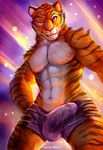  2016 abs abstract_background anthro biceps blue_eyes brown_fur bulge cheetahpaws clothed clothing disney fangs feline fur glitter male mammal muscular open_mouth orange_fur pants pecs penis_outline pink_nose shorts simple_background skimpy smile solo standing stripes stripper_tiger_(zootopia) teeth tiger topless whiskers white_fur zootopia 