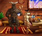 2015 abs anthro antlers balls beverage biceps big_balls big_muscles big_penis black_nose black_penis brown_fur cereal cervine coffee coffee_cup deer detailed_background duo erection flaccid food fur grin hi_res hooves horn hungothenomster looking_at_viewer looking_down male mammal moose muscular muscular_male nipples nude open_mouth pecs penis red_eyes size_difference sleepy smile standing teeth thick_penis tired vein yawn 