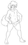  anthro canine clothed clothing crossgender dog embarrassed erection fur hair hi_res kibbles male mammal monochrome penis skidd skimpy slightly_chubby solo swimsuit thick_thighs uberquest wide_hips 