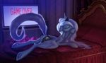  2016 absurd_res bed blue_hair butt cutie_mark english_text eqamrd equine eyes_closed feathered_wings feathers female feral friendship_is_magic hair hi_res horn inside long_hair lying mammal my_little_pony on_bed on_front pillow princess_luna_(mlp) solo television text underhoof winged_unicorn wings 