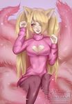  &lt;3 ahri animal_humanoid big_breasts blonde_hair breasts canine cleavage clothed clothing facial_markings female fox fox_humanoid gumae hair humanoid keyhole_turtleneck league_of_legends mammal markings multi_tail solo sweater text tongue tongue_out video_games yellow_eyes 