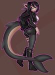  anthro boots bumblebun butt butt_pose canine clothed clothing female fish footwear fox hi_res hybrid looking_back mammal marine shark simple_background smile solo standing 