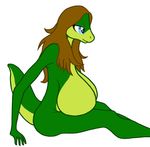  big_breasts blue_eyes breasts brown_hair female hair huge_breasts lizard reptile samantha_brooks scalie sitting solo 