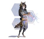  abstract_background anthro bandage barefoot brown_fur canine clothed clothing coyote digitigrade electricity fur hexagon hi_res hood male mammal remulle_(artist) standing tukamos_(character) 