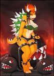  anthro bowser bra breasts chain clothing collar crossgender fangs female fire half-closed_eyes hi_res koopa looking_at_viewer mario_bros nintendo open_mouth reptile scalie smile solo spiked_collar teeth tongue underwear vexstacy video_games 
