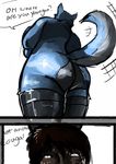  big_breasts big_butt breasts butt canine clothing dialogue djpuppeh female hi_res hiding human larger_female legwear low-angle_view male mammal mature_female nervous rear_view size_difference smaller_male solo tailwag thick_thighs thigh_highs wolf worm&#039;s-eye_view 
