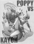  anthro big_breasts blood breasts canine cleavage clothed clothing duo english_text female fight fox greyscale kayoh knife mammal marsupial monochrome multi_tail opossum overalls pandemonium_wizard_village poppy_opossum poppy_opossum_(character) sharp_teeth sho sho_shibamoto smile teeth text torn_clothing 
