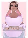  2016 anthro apron big_breasts bovine breasts brown_eyes brown_hair cattle cleavage clothed clothing cookie dark_skin eyewear fangdangler female floppy_ears food glasses gloves hair hi_res horn lips looking_at_viewer mammal pants pink_nose shirt short_hair smile solo thick_lips thick_thighs voluptuous wide_hips 