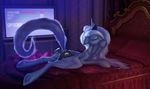  2016 absurd_res bed blue_hair butt controller cutie_mark english_text eqamrd equine eyes_closed feathered_wings feathers female feral friendship_is_magic game_controller hair hi_res horn inside long_hair lying mammal masturbation my_little_pony on_bed on_front pillow princess_luna_(mlp) solo television text underhoof winged_unicorn wings 