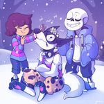  2015 animated_skeleton annoyed bone canine clothed clothing collar doggo frown group human jeneco mammal petting protagonist_(undertale) sans_(undertale) sitting skeleton snow spiked_collar undead undertale video_games 
