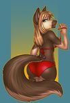  anthro bikini bumblebun butt canine clothing facial_piercing female half-closed_eyes hi_res looking_at_viewer looking_back mammal nose_piercing open_mouth panties piercing simple_background smile solo swimsuit underwear 