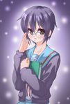  adjusting_eyewear book brown_eyes cardigan glasses grey_hair kisaragi_yuki kita_high_school_uniform nagato_yuki school_uniform serafuku short_hair solo suzumiya_haruhi_no_shoushitsu suzumiya_haruhi_no_yuuutsu 