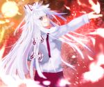  albino back bad_id bad_pixiv_id fire fujiwara_no_mokou grin hair_ribbon highres long_hair long_sleeves outstretched_arm outstretched_hand red_eyes ribbon smile solo suspenders touhou white_hair yunaru 