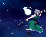  bahamucchi black_hairband blue_eyes flower ghost hairband highres katana konpaku_youmu konpaku_youmu_(ghost) older petals short_hair silver_hair solo sword touhou water weapon 