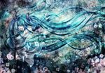  armpits blue blue_eyes blue_hair detached_sleeves hair_ornament hatsune_miku long_hair necktie open_mouth outstretched_arm quuni skirt solo standing very_long_hair vocaloid 