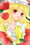  blonde_hair breasts cleavage commentary_request fang flandre_scarlet flower hat highres long_hair medium_breasts older red_eyes rose shirt solo touhou white_shirt yuzuna99 