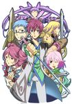  4boys asbel_lhant bad_id bad_pixiv_id cheria_barnes glasses green_shirt hubert_ozwell malik_caesars multicolored_hair multiple_boys multiple_girls pascal richard_(tales) shirt sinaooo sophie_(tales) staff sword tales_of_(series) tales_of_graces twintails two-tone_hair two_side_up weapon 