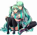  1girl :&lt; ahoge aqua_eyes aqua_hair bare_shoulders black_legwear detached_sleeves dual_persona genderswap genderswap_(ftm) hatsune_miku hatsune_mikuo headset legs long_hair murakami_yuichi necktie sitting thighhighs very_long_hair vocaloid 