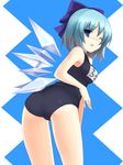  ass bad_id bad_pixiv_id blue_eyes blue_hair bow breasts cirno fang from_behind hair_bow highres large_bow leaning_forward looking_back medium_breasts one-piece_swimsuit one_eye_closed school_swimsuit short_hair simple_background solo swimsuit thighs touhou tsukumiya_amane wings 